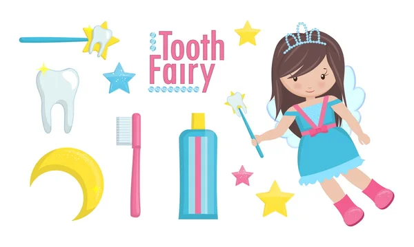 Tooth fairy with wand and a set of cute items. — Stock Vector