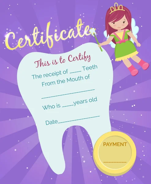 Modèle de certificat de reçu de fée des dents — Image vectorielle