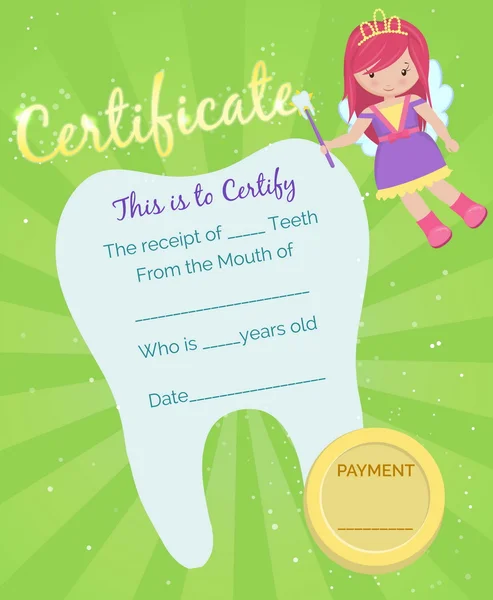 Tooth Fairy otrzymania certyfikatu szablon — Wektor stockowy