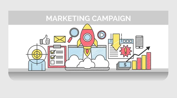 Iconos de línea delgada para la campaña de marketing en Internet — Vector de stock