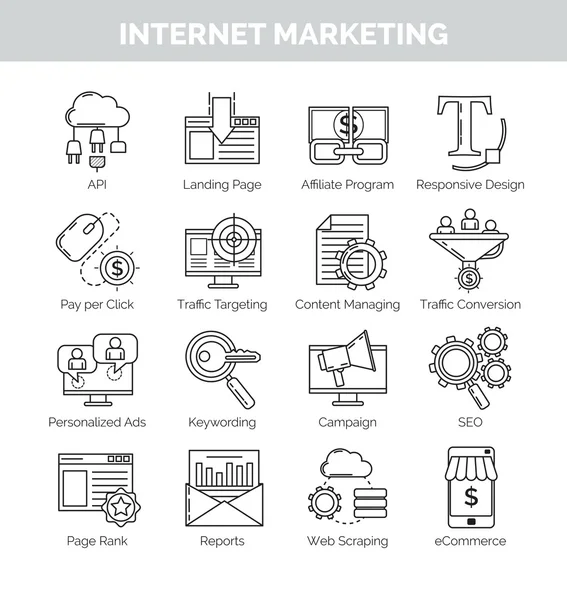 Iconos de línea delgada para la comercialización de Internet y SEO — Vector de stock