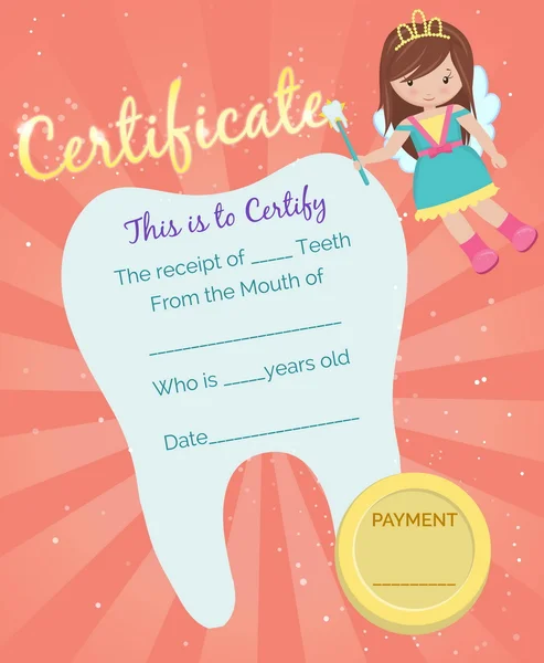 Modello di certificato di ricevuta fatina dei denti — Vettoriale Stock