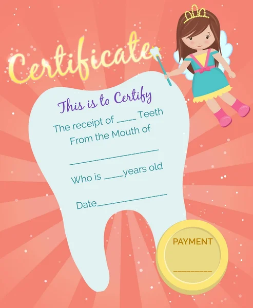 Modèle de certificat de reçu de fée des dents — Image vectorielle