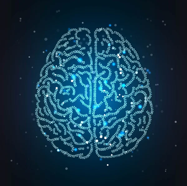 Ilustración conceptual del cerebro formado con código binario — Vector de stock