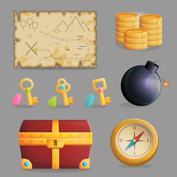Treasure jakt uppsättning spel ikoner — Stock vektor