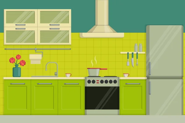 Ilustración interior de una cocina moderna de color lima que incluye muebles, horno, campana de cocina, utensilios, nevera . — Vector de stock