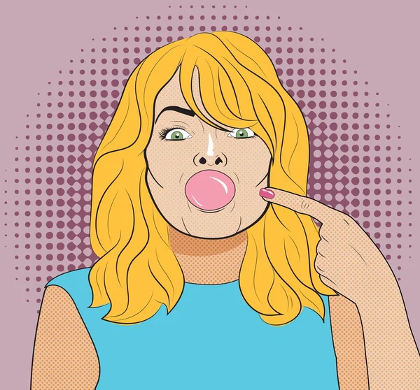 Pop-Art stylu ilustrace sexy hravá blondýna v modrém halenka dělat bubliny z žvýkací guma. Pro web, plakáty, atd. — Stockový vektor