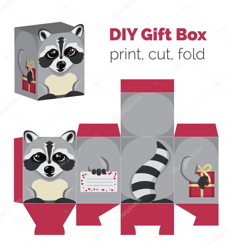 Adorable Do It Yourself raccoon gift box with ears for sweets, candies, small presents. Printable color scheme. Print it on thick paper, cut out, fold according to the lines.