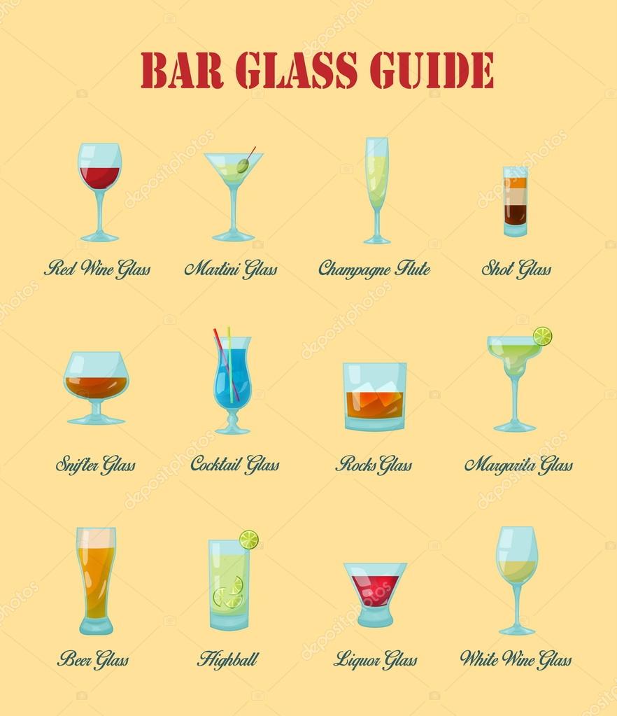 Bar glass guide: a collection of various kinds of vector bar glasses, their  proper naming and usage for drinks. Stock Vector by ©Medeja 96509840