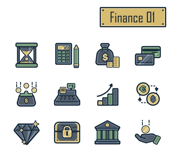 Una colección de elegantes iconos planos modernos con gruesos contornos oscuros para finanzas, banca y contabilidad. Para web, presentación, pegatinas, etc. . — Vector de stock