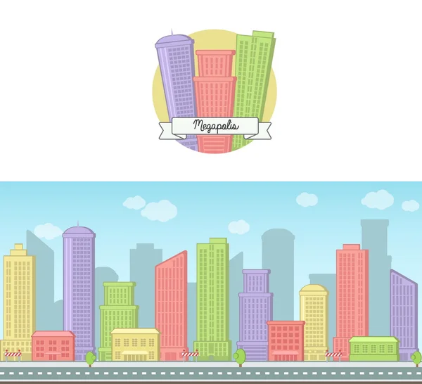 Zonnige dag vector achtergrond en pictogram van een moderne grote stad centrum wolkenkrabber huis skyline voor web en games. — Stockvector
