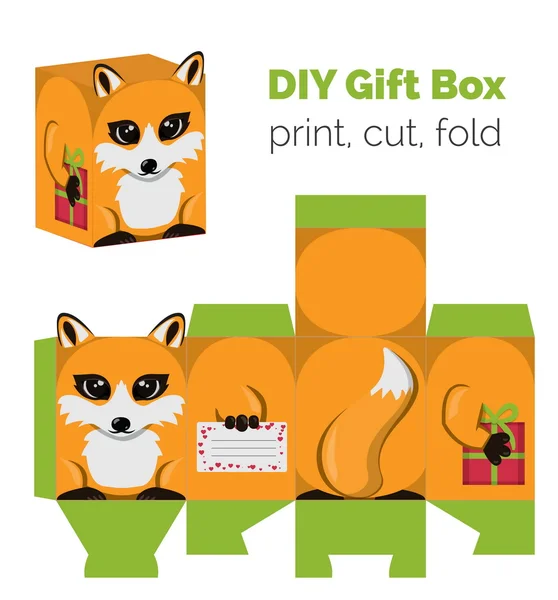 Caixa de presente adorável Do It Yourself fox com orelhas para doces, doces, pequenos presentes. Esquema de cores para impressão. Imprima em papel grosso, corte, dobre de acordo com as linhas . — Vetor de Stock