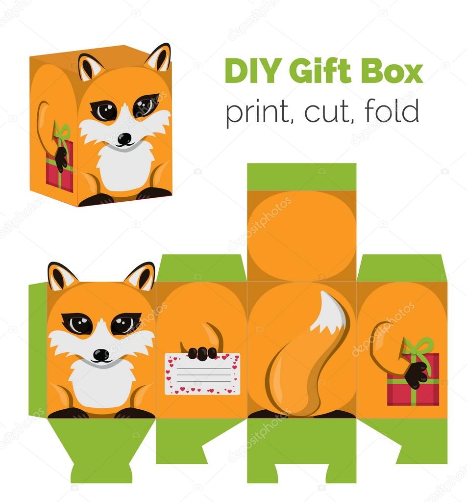 Adorable Do It Yourself fox gift box with ears for sweets, candies, small presents. Printable color scheme. Print it on thick paper, cut out, fold according to the lines.