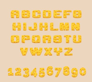 Stilize nefis sarı vektör İsviçre peyniri abc alfabesi ve rakam. Mektupları kendi metninizi yapmak.