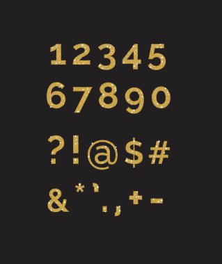 Stilize parlak altın glitter süslü basamaklı sayılar ve simgeler kümesi. Kendi metninizi yapmak için kullanın.