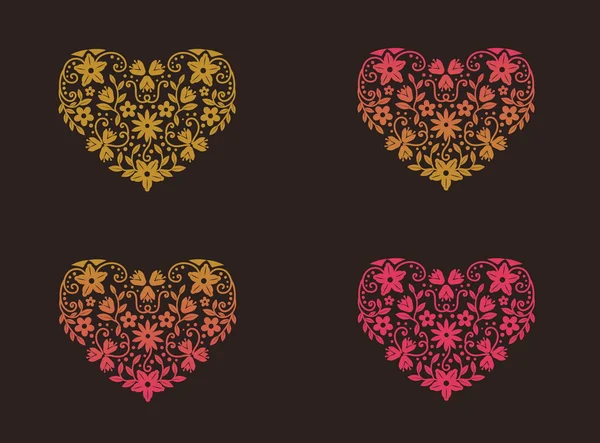 Ilustración vectorial de un corazón de color rosa dorado con adornos florales, hojas, flores, remolinos para San Valentín, bodas y otras decoraciones, estampado y tela . — Vector de stock