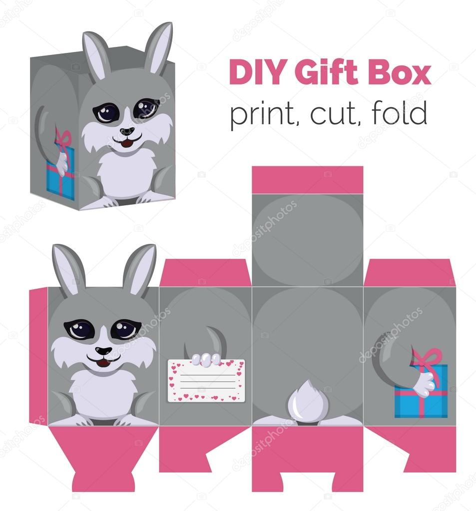 Adorable Do It Yourself DIY rabbit gift box with ears for sweets, candies, small presents. Printable color scheme. Print it on thick paper, cut out, fold according to the lines.