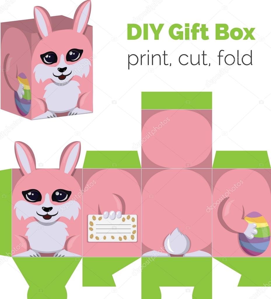 Adorable Do It Yourself DIY Easter bunny with egg gift box with ears for sweets, candies, small presents. Printable color scheme. Print it on thick paper, cut out, fold according to the lines.