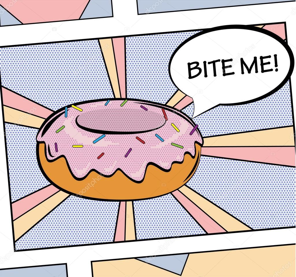 Pop art style sweet yummy delicious donut illustration with icing, cream and sprinkles. For poster, web, print.