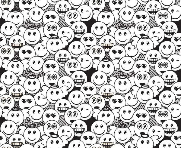 Modello doodle bianco e nero senza soluzione di continuità con divertenti espressioni emoticon positive. Sorridere, ammiccare, angelo, sorpreso, innamorato, ridere smiley inclusi . — Vettoriale Stock