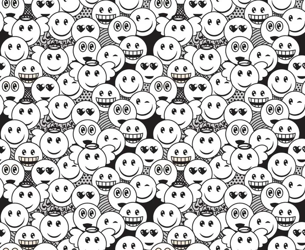 Patrón de garabato blanco y negro sin costuras con divertidas expresiones positivas de emoticonos. Sonrisa, guiño, ángel, sorprendido, enamorado, risa emoticonos incluidos . — Vector de stock