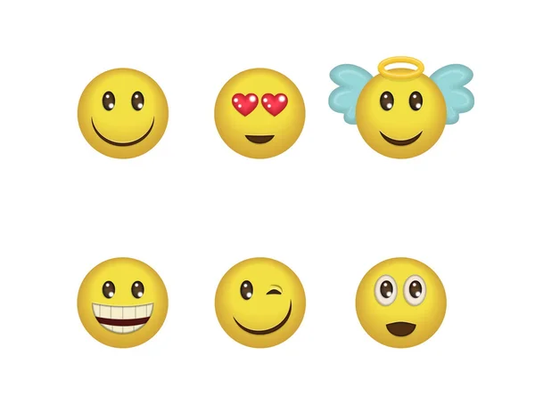 Um conjunto de expressões emoticon positivas divertidas. Sorriso, piscadela, anjo, surpreso, apaixonado, sorrisos incluídos . —  Vetores de Stock