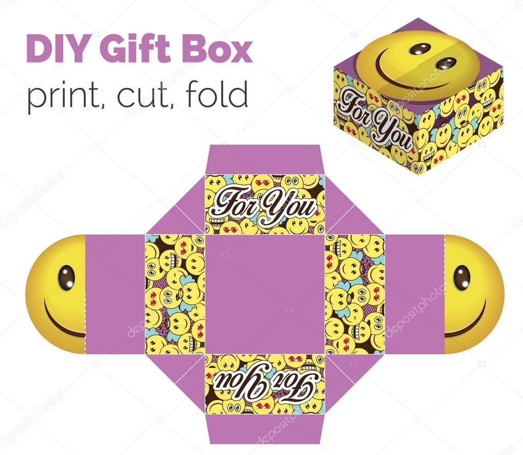 Lovely Do It Yourself DIY smiling expression gift box for sweets, candies, small presents. Printable color scheme. Print it on thick paper, cut out, fold according to the lines.