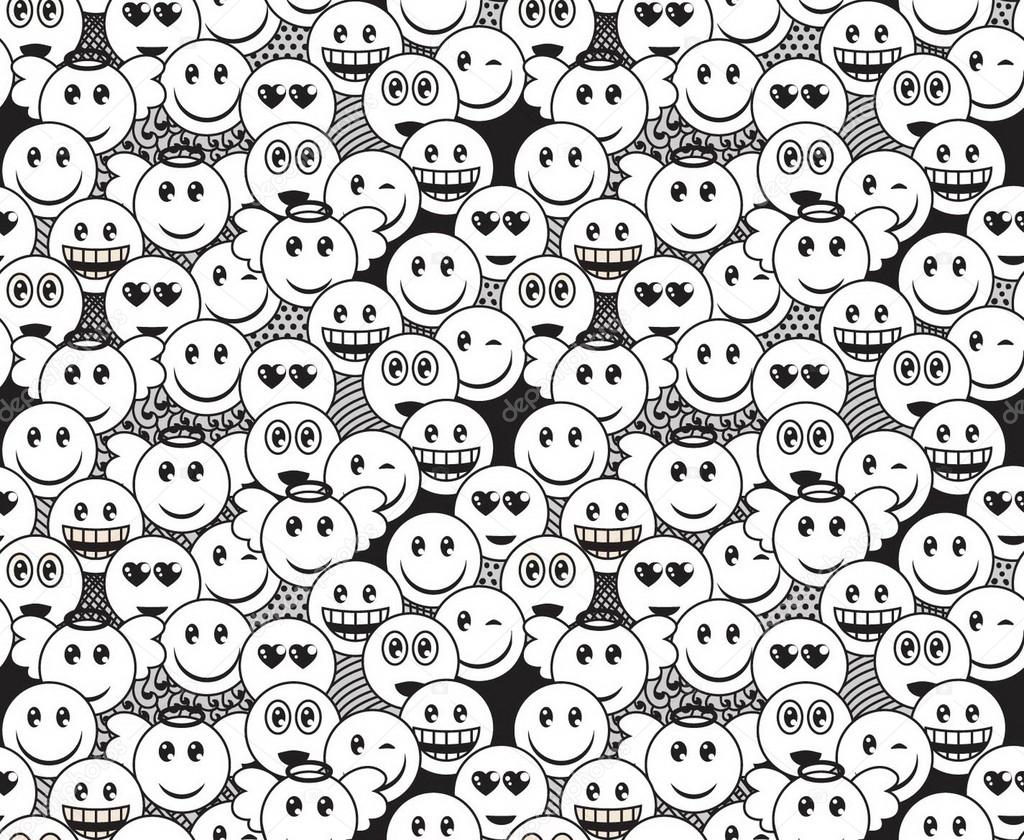 Seamless black and white doodle pattern with fun positive emoticon expressions. Smile, wink, angel, surprised, in love, laugh smileys included.