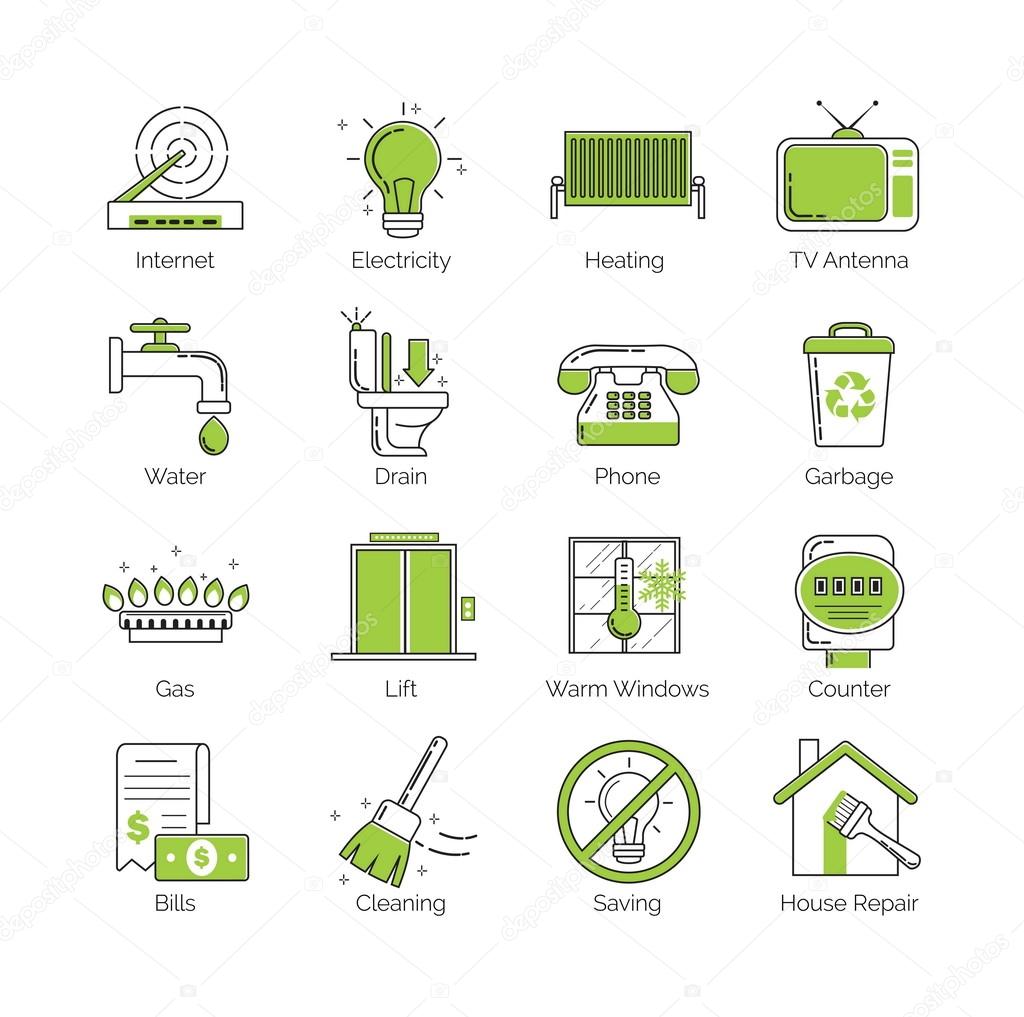 A set of modern thin line with green coloring public utility, housing facilities, communal housing services vector icons.