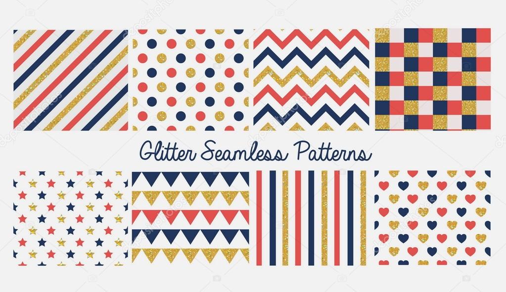 Set of seamless simple cute baby patterns with glitter elements. Includes blue, red and golden stars, hears, stripes, zigzag, flags, dots and pleat on white background.