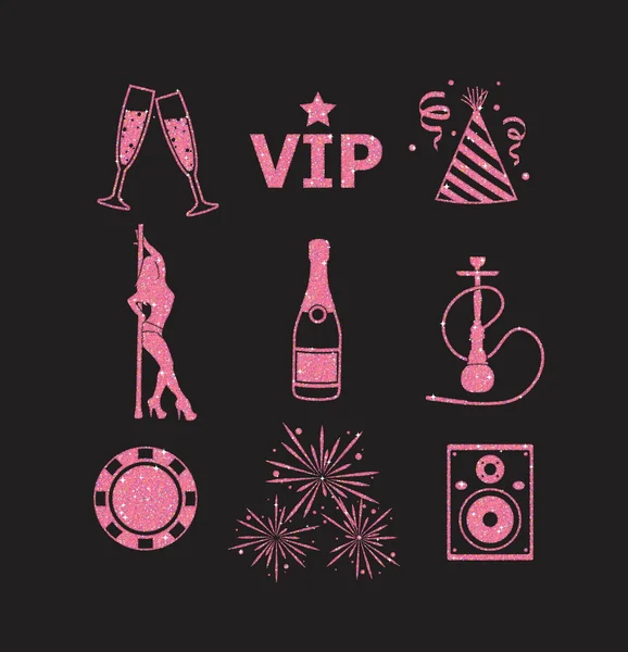 A collection of sparkling pink glitter stylized fancy night club and party icons for flier, banner, typography, web, design. — Stock Vector