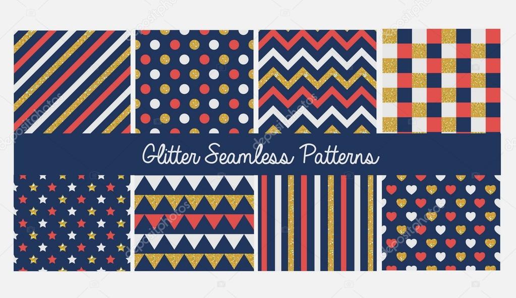 Set of seamless simple cute baby patterns with glitter elements. Includes white, red and golden stars, hears, stripes, zigzag, flags, dots and pleat on white background.