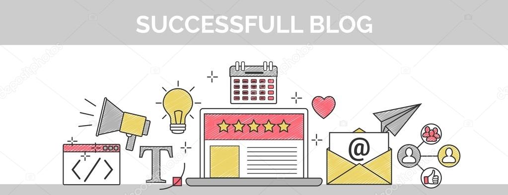 Flat vector thin line scribble header banner illustration of how to establish a successful 5 star blog. It includes: newsletter, social, seo, content writing, design, coding, idea, etc.