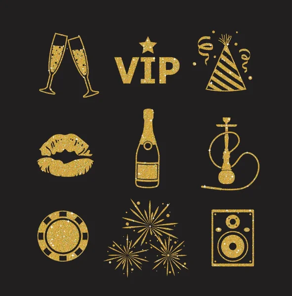 Eine Kollektion glitzernder Goldglitter stilisierter schicker Nachtclubs und Party-Ikonen für Flieger, Banner, Typografie, Web, Design — Stockvektor
