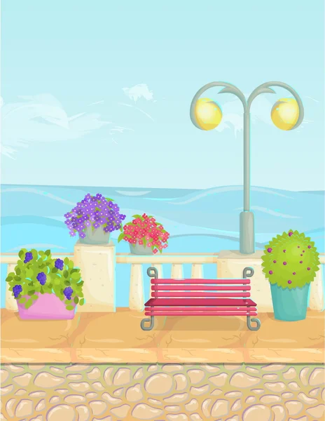 Солнечный карикатурный морской пейзаж, векторный отложенный фон. Каменный забор, растения, цветы, скамейки, тротуары . — стоковый вектор