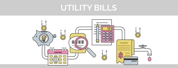 Ilustracja wektorowa płaski cienka linia kulas nagłówka transparent jak płacić i obliczyć komunalnych rachunki domowe placówki. — Wektor stockowy