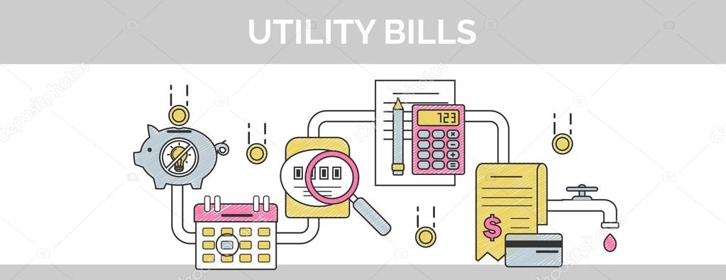 Flat vector thin line scribble header banner illustration of how to pay and calculate utility household facility communal bills.