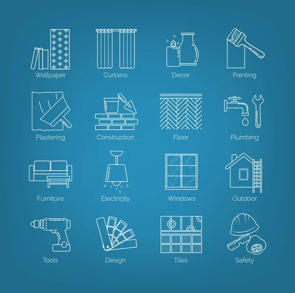 A set of thin line icons for house design, repair, construction, decoration, renovation. Including tolls, activities and objects. — Stock Vector