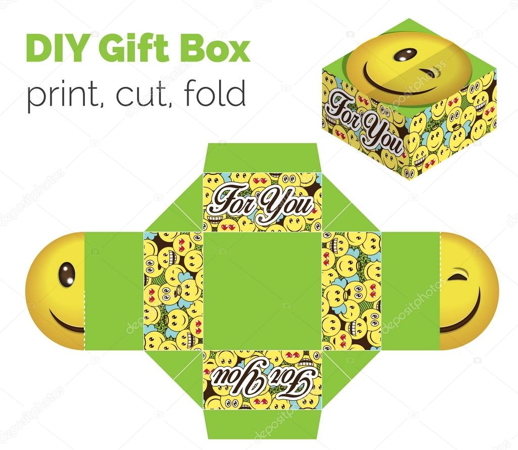 Lovely Do It Yourself DIY wink smiley expression gift box for sweets, candies, small presents. Printable color scheme. Print it on thick paper, cut out, fold according to the lines.