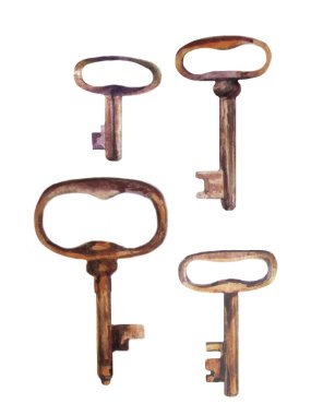 Beyaz arkaplanda suluboya illüstrasyon vintage anahtarları