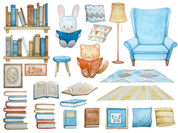 Watercolor bunny and kitten reading books at home set