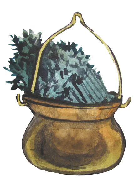 Pot Cuivre Aquarelle Avec Des Herbes — Photo