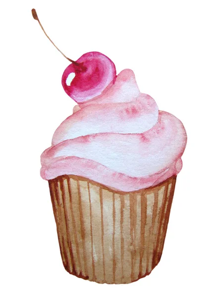 Akvarell Teckning Cupcake Med Körsbär — Stockfoto