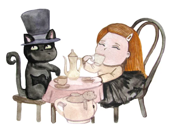 Suluboya kız ve kedi çay içerler.
