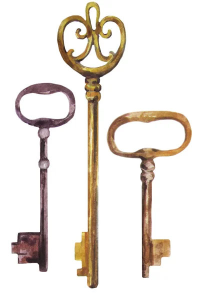 Beyaz Arkaplanda Suluboya Illüstrasyon Vintage Anahtarları — Stok fotoğraf