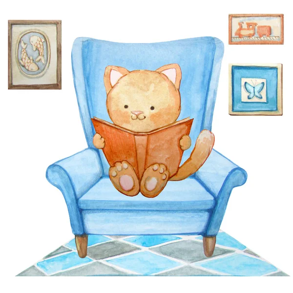 suluboya kedi mavi koltukta kitap okuyor ve beyaz arka planda duvarda resimler var.