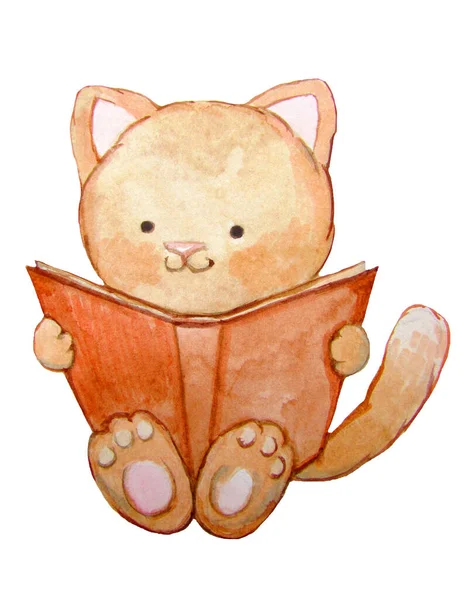 Aquarell Kätzchen Liest Ein Buch — Stockfoto