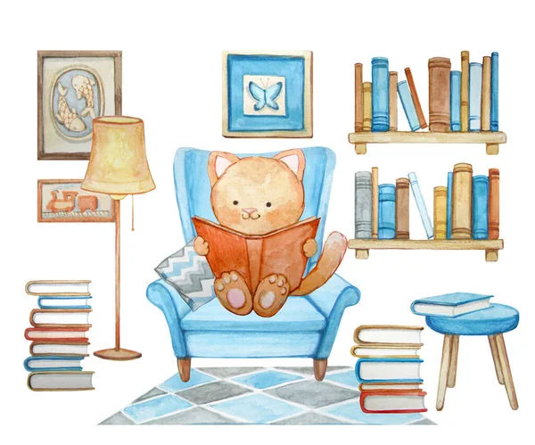 Suluboya kedi kitapların etrafındaki koltukta kitap okuyor.