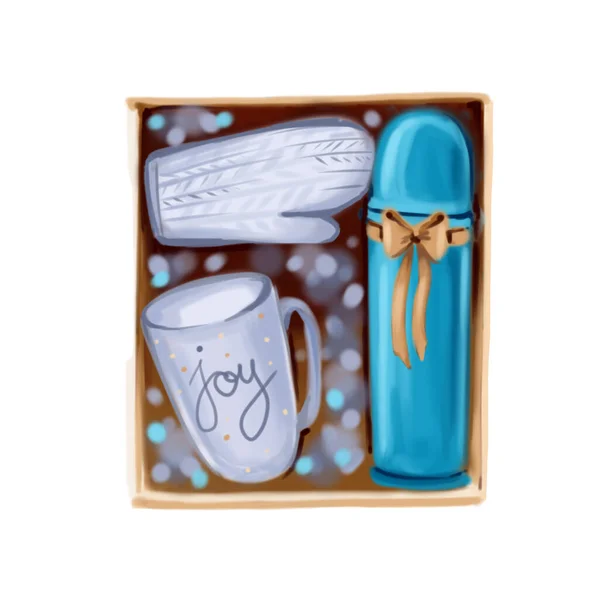 手描きクリスマスギフトボックスミトン 魔法瓶 白い背景のカップ — ストック写真