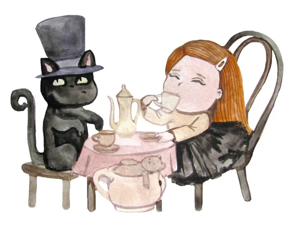 水彩少女と猫がお茶を飲む — ストック写真
